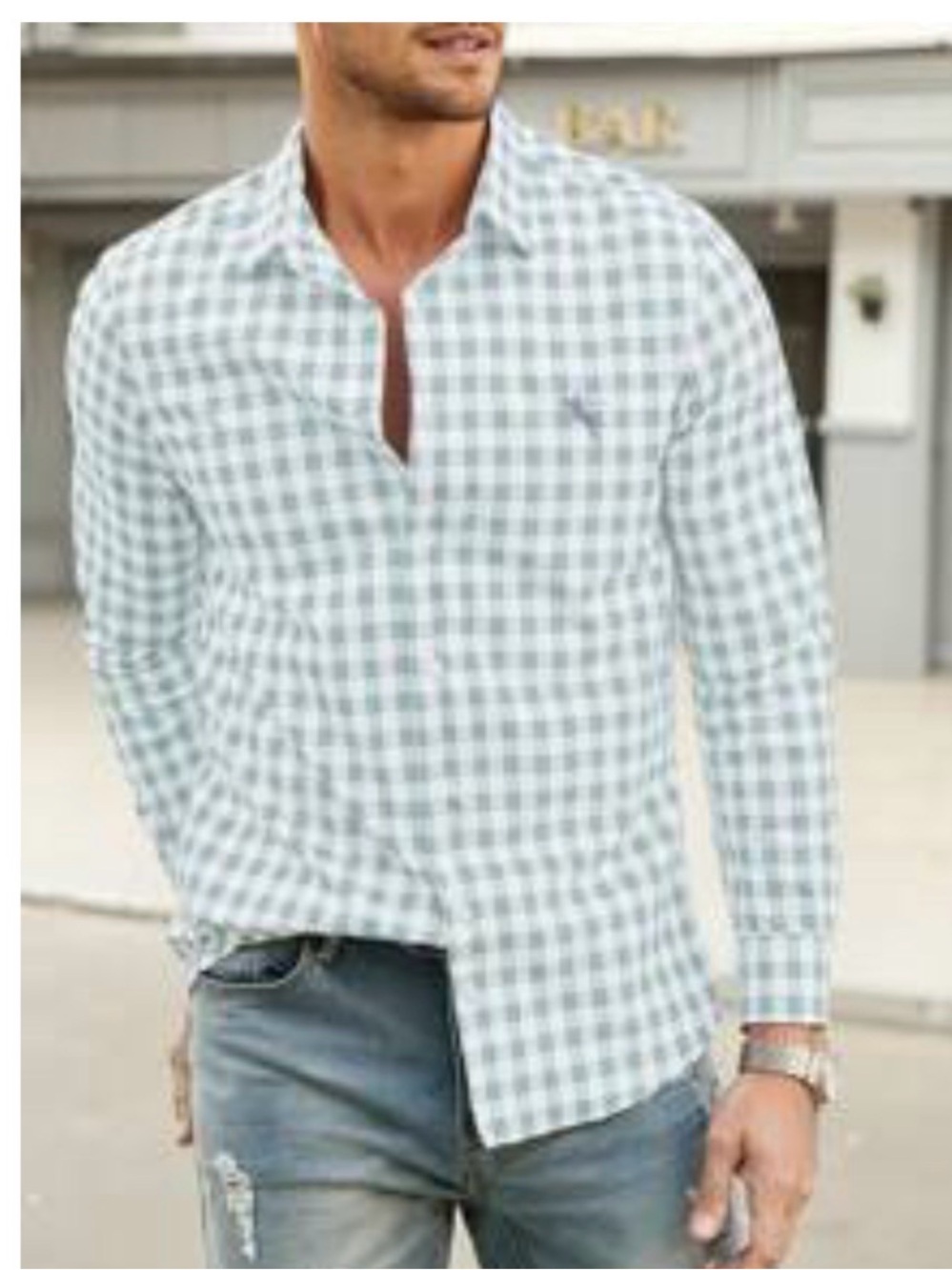 Men's Light Gray Gingham Button-Down Shirt